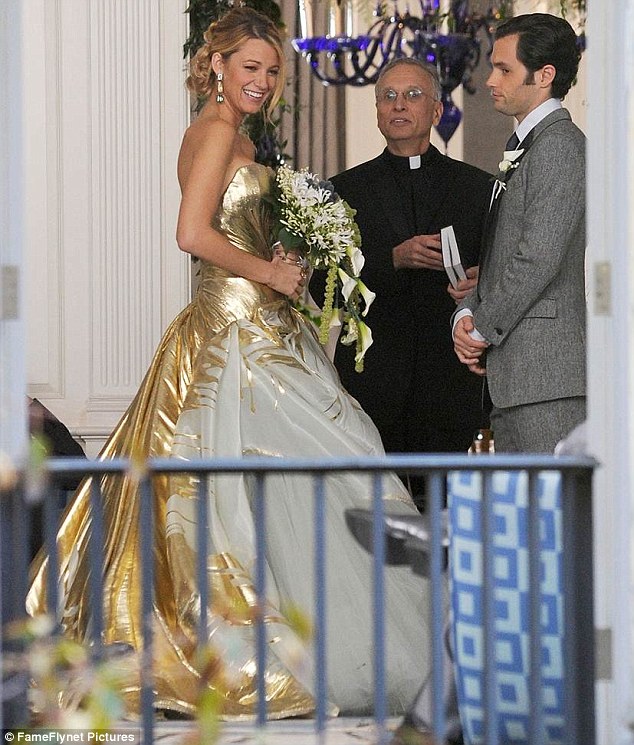 First look! Blake Lively unveiled her stunning gold wedding gown, but she was just shooting scenes for the final season of Gossip Girl in New York on Wednesday