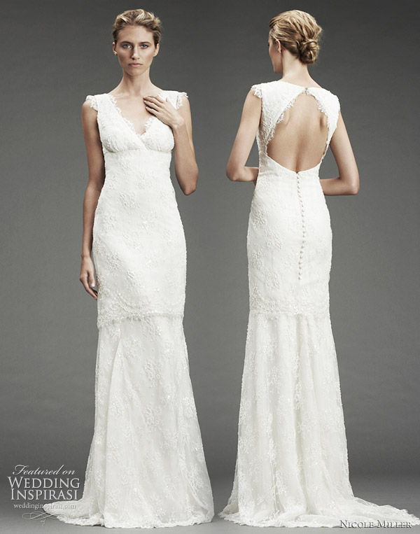 Nicole Miller wedding gown fall 2010 - beaded lace v-neck dress with lace trim, back view, lace trim and cutout-back with button detail