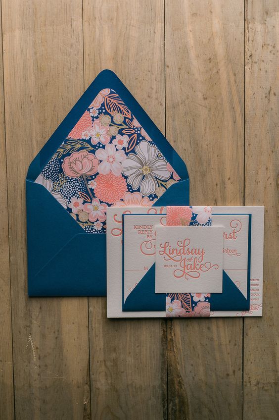 Fabulous Coral and Navy Floral Patterned Calligraphy Letterpress Wedding Invitations by Just Invite Me: 