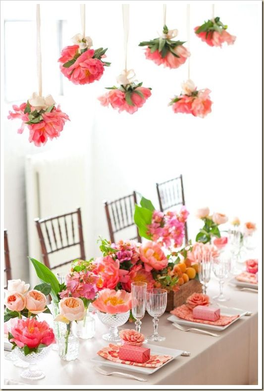 apricots, fruit crates, crystal, coral charm peonies.  These colors and the fruit are fabulous.: 