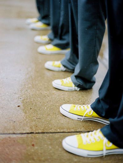 Have all the men were the same colored shoes and yellow chucks add a bright pop of color to a gray or black suit #yellow #orange #wedding: 